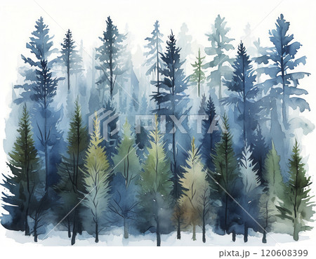 Vibrant watercolor forest scene with varied tree species in shades of green and blue during a misty morning Vibrant watercolor forest scene with varied tree species in shades of green and blue during a misty morning 120608399