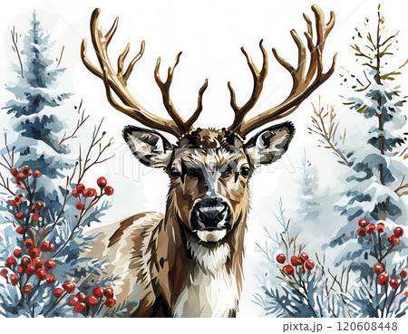 Majestic deer surrounded by winter trees and red berries in a serene snowy landscape 120608448
