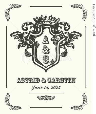 Wedding Invitation Card Template with Vintage Ink Heraldic Silhouette and Design Elements. Vector Illustration 120608664