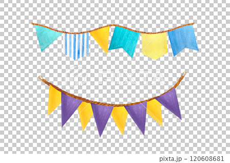 Flag garland set isolated on white. High quality hand-drawn watercolor illustration blue, purple, red yellow for baby shower, cards, birthday celebrations, event programs, stickers, packages design 120608681