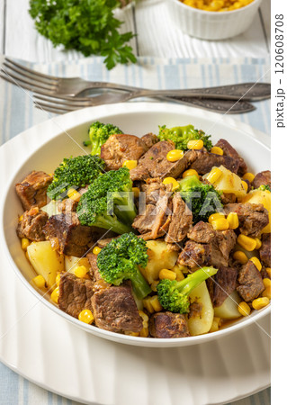Beef Steak broccoli potato corn stew in bowl 120608708