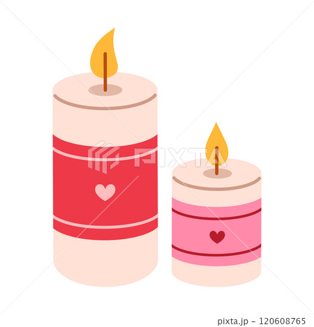 Two burning wax candles with hearts. Valentines day and love date concept. Flat vector isolated illustration 120608765