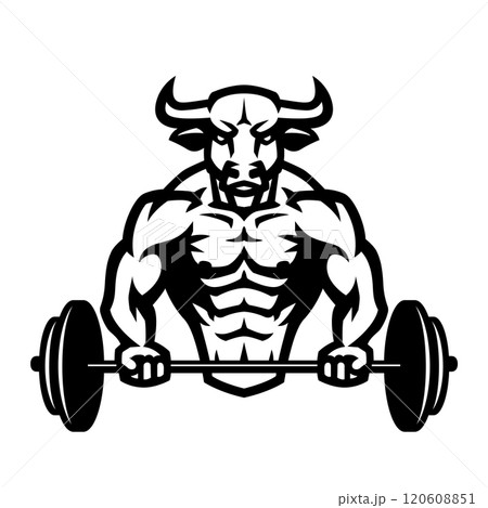 A bodybuilder with a bull head holds a barbell. A bodybuilder with a bull head holds a barbell. 120608851