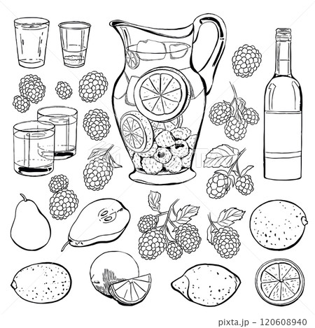 Drink Refreshments with Fruits and Berries. Black Vector Outline Drink Illustration Set Isolated on White Drink Refreshments with Fruits and Berries. Black Vector Outline Drink Illustration Set Isolated on White 120608940