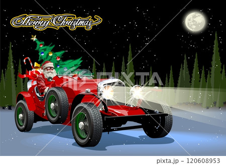 Vector Christmas poster with cartoon vintage Christmas car 120608953
