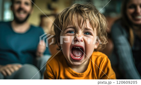 A child cries while parents argue in the background. The crying child highlights the emotional pain and turmoil caused by parental arguments. Generative AI. A child cries while parents argue in the background. The crying child highlights the emotional pain and turmoil caused by parental arguments. Generative AI. 120609205