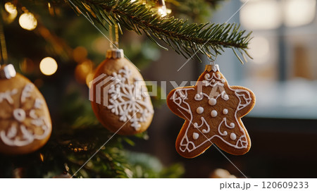 Festive gingerbread cookies as christmas tree ornaments for holiday decor 120609233