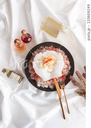 Scallop Tartare with Lychee Sorbet and Salmon Roe on Ice Scallop Tartare with Lychee Sorbet and Salmon Roe on Ice 120609249