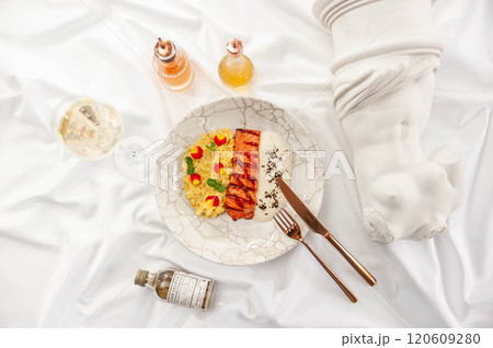 Salmon with Creamy Bulgur and Parmesan Espuma 120609280