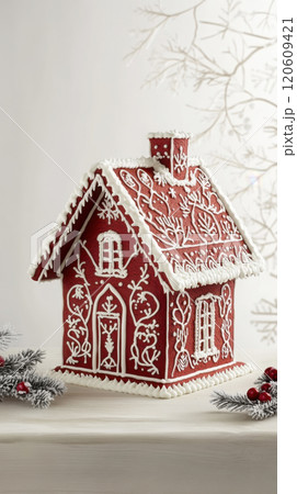 Scandinavian style gingerbread house design for holiday decor and festive inspiration 120609421