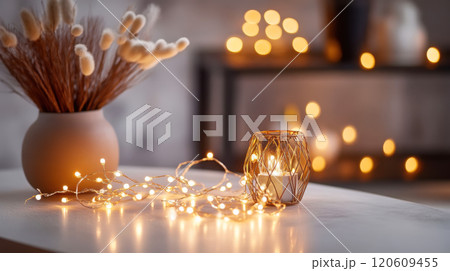 Warm ambiance with led string lights and candle for cozy home decor Warm ambiance with led string lights and candle for cozy home decor 120609455