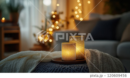 Cozy holiday decor with led string lights and decorative candles Cozy holiday decor with led string lights and decorative candles 120609456