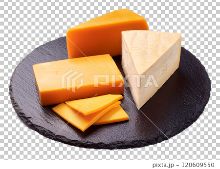 Selection of Cheddar Cheese on Slate Platter 120609550