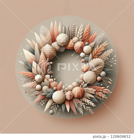 Minimalist Christmas Wreath in an organic geometric style with neutral beige tones 120609652