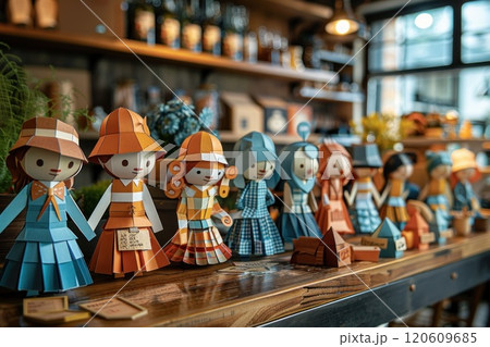 Colorful paper dolls with retro clothing design, on a wooden table with blurred background 120609685