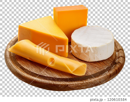 Assorted Cheese Selection on Rustic Wooden Board 120610384