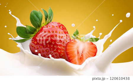 Strawberry slice with milk splash isolated on yellow background Strawberry slice with milk splash isolated on yellow background 120610438