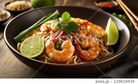 Thai Noodles with Shrimp and Lime with ingredients in a Soft focus Bowl, Pad Thai Fresh Shrimp 120610439
