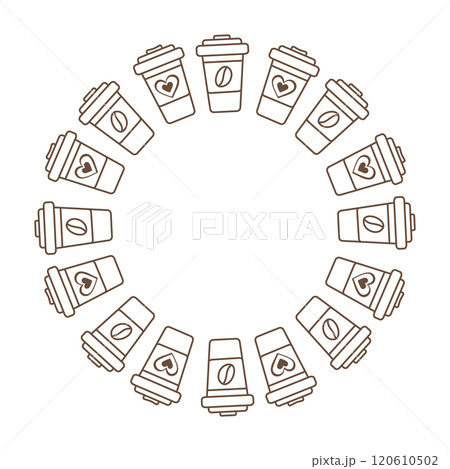 Outline Disposable cups with heart or coffee bean on label Circle Frame in trendy Minimalistic style Outline Disposable cups with heart or coffee bean on label Circle Frame in trendy Minimalistic style 120610502