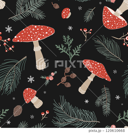 Seamless Christmas pattern with Amanita muscaria mushrooms, branches and berries. Cute Autumn and Winter background with fly agaric mushroom. 120610668
