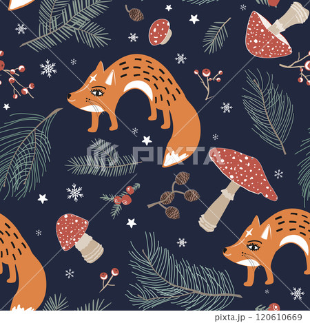 Seamless Christmas pattern with fairy foxes, Amanita muscaria mushrooms, branches and berries. Cute Autumn and Winter background with fly agaric mushroom. 120610669