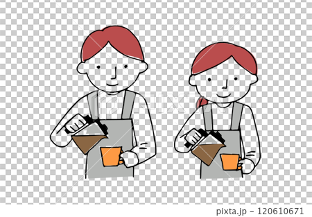 Male and female waiters pouring coffee into cups at a cafe Male and female waiters pouring coffee into cups at a cafe 120610671