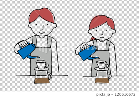 Male and female cafe staff brewing coffee at a cafe Male and female cafe staff brewing coffee at a cafe 120610672