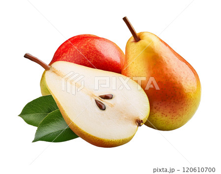Fresh Pears with a Juicy Slice and Leaves 120610700