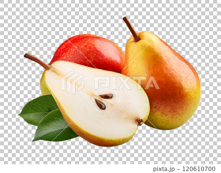 Fresh Pears with a Juicy Slice and Leaves 120610700