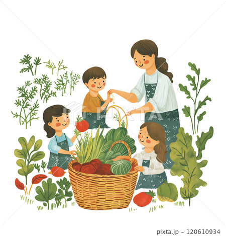 家庭菜園で野菜を収穫する家族 家庭菜園で野菜を収穫する家族 120610934