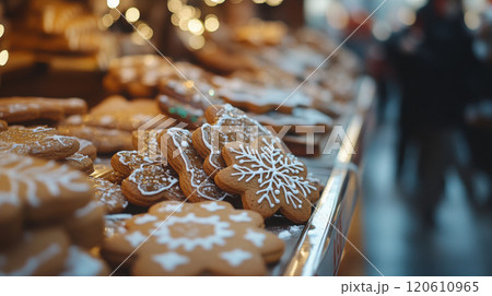 Festive gingerbread cookies display at market - holiday dessert photography 120610965