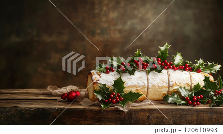 Traditional christmas yule log with holly and berries - perfect for holiday celebrations and seasonal designs Traditional christmas yule log with holly and berries - perfect for holiday celebrations and seasonal designs 120610993