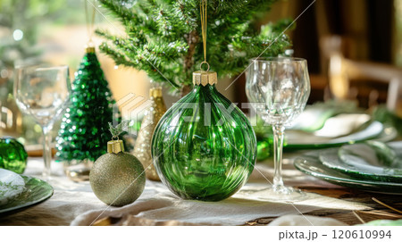 Eco-friendly christmas table setting with recycled glass ornaments for holiday decor 120610994