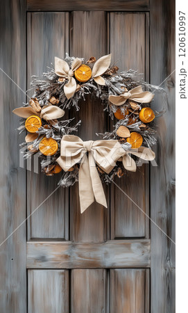 Eco-friendly christmas wreath with oranges and rustic bows for festive decoration 120610997