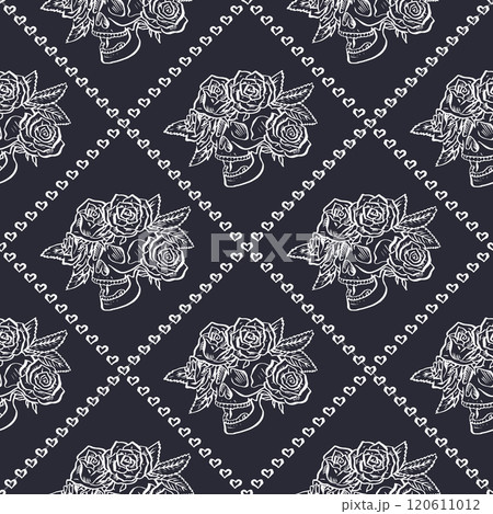 Seamless pattern with hand drawn black and white human skulls and rose flower wreath inside trellis Seamless pattern with hand drawn black and white human skulls and rose flower wreath inside trellis 120611012