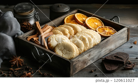 Festive assortment of almond cookies with dried oranges and cinnamon for holiday celebrations 120611027