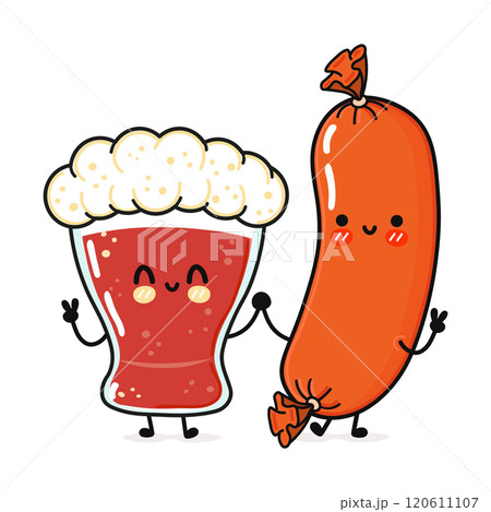 Cute, funny happy glass of beer and sausage. Vector hand drawn cartoon kawaii characters, illustration icon. Funny cartoon glass of beer and sausage mascot character concept 120611107