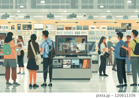 Diverse group shopping together in store, exploring products and interacting. 120611356