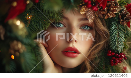 Elegant christmas wreath decoration with natural elements for holiday festivities Elegant christmas wreath decoration with natural elements for holiday festivities 120611403