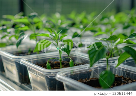 Rows of small green pepper plants in a greenhouse or indoor garden center. 120611444