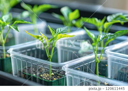 Small green seedlings in transparent plastic pots on a white table 120611445