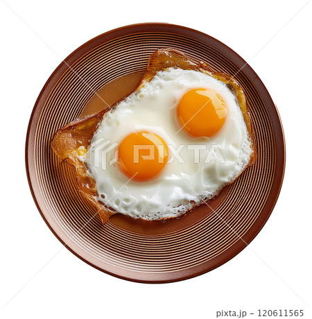 Two Sunny Side Up Eggs on a Textured Brown Plate 120611565
