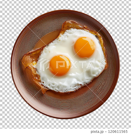 Two Sunny Side Up Eggs on a Textured Brown Plate 120611565
