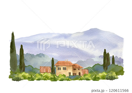 Italian rural landscape, towers and farms, cypress trees, bushes, mountains, hand drawn watercolor composition. Mediterranean Europe scenery with ancient houses for travel tourists designs 120611566
