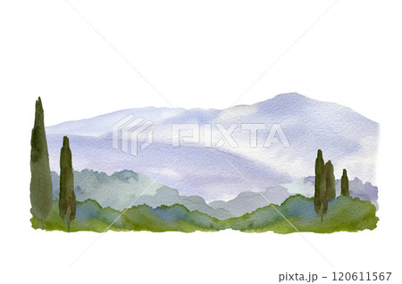 watercolor alpine landscape, blue and violet mountains, cypress trees, bushes, hand drawn watercolor panorama, sketch of view. Mediterranean Europe scenery for travel tourists designs, cards, posters 120611567