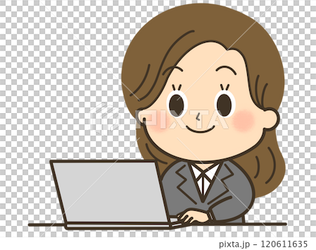 一位穿著西裝微笑的女士在電腦上工作的插圖 120611635