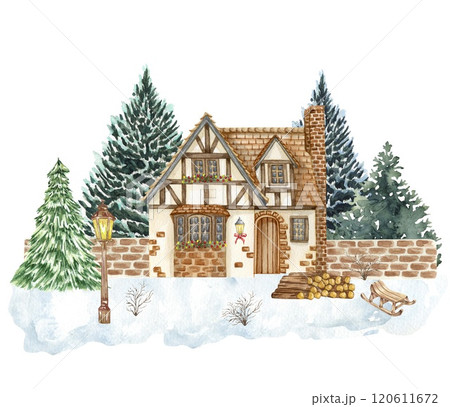 Winter landscape house and trees. Christmas scene 120611672