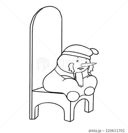 Cute Snowman in a hat, scarf and mittens sits on a big chair waiting for the New Year. New Year card Cute Snowman in a hat, scarf and mittens sits on a big chair waiting for the New Year. New Year card 120611701