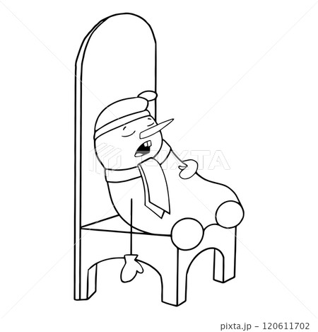 Cute Snowman in a hat, scarf and mittens fell asleep on a big chair waiting for the New Year. Cute Snowman in a hat, scarf and mittens fell asleep on a big chair waiting for the New Year. 120611702