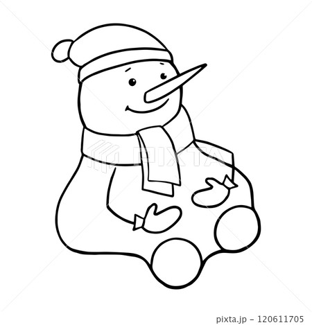 Cute Snowman in a hat, scarf and mittens sits waiting for the New Year. New Year s card.  120611705